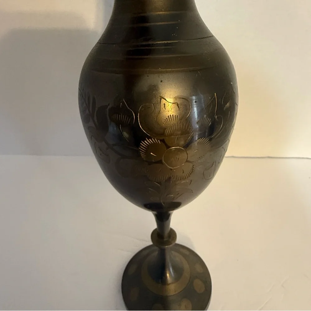 Vintage Brass Tall Skinny Vase Hand Etched Flowers Made in India